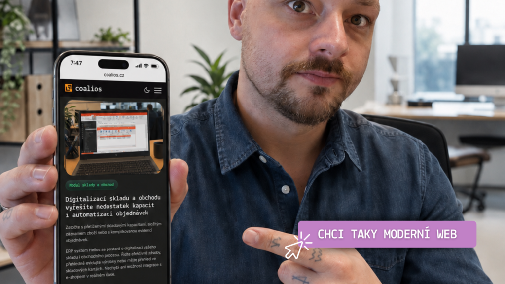 Nový firemní web coalios zobrazený na mobilním telefonu – případová studie coalmarketing.
