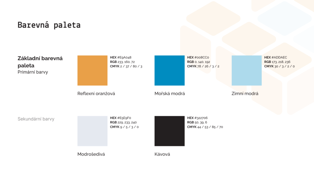 Barevná paleta nové vizuální identity ZŠ Žamberk.